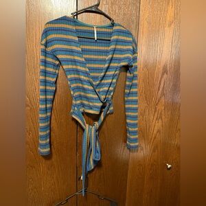 Free People Blue and Orange Striped Wrap Blouse